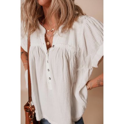 White Textured Short Sleeve Buttons Frayed Blouse