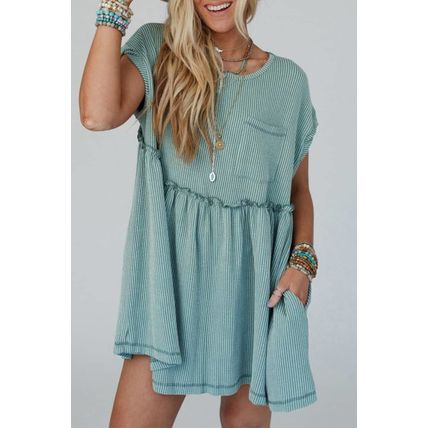 Canton Corded Knit Textured Patched Pocket Frilled Swing Mini Dress with Pockets