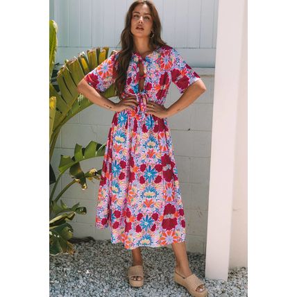 Rose Floral Tied Front High Waist Short Sleeve Loose Long Dress