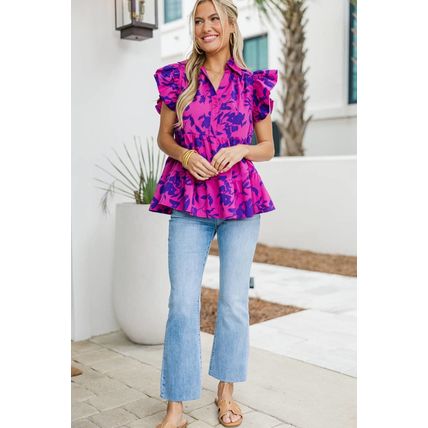 Rose Floral Print Collared Button Neckline Flutter Sleeve Blouse