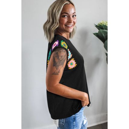 Black Floral Crochet Patched Sleeve Crew Neck Casual Tank Top
