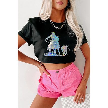 Black Laser Western Cowboy Graphic Crewneck Tee
