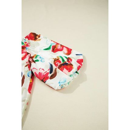 White Floral Print Puffy Half Sleeve Blouse