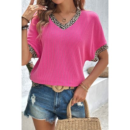 Bright Pink Leopard Patchwork Corded Texture V Neck T Shirt