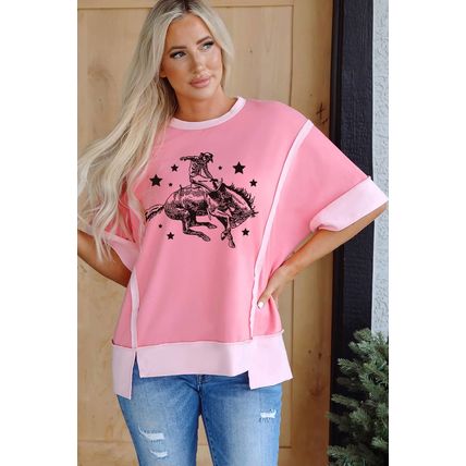 Peach Blossom Raw Seam Mix Texture Patchwork Rodeo Graphic Tee