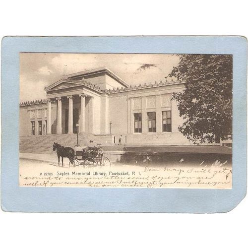 Rhode Island Pawtucket Postcard Sayles Memorial Library w/Horse & Wagon Un~1057