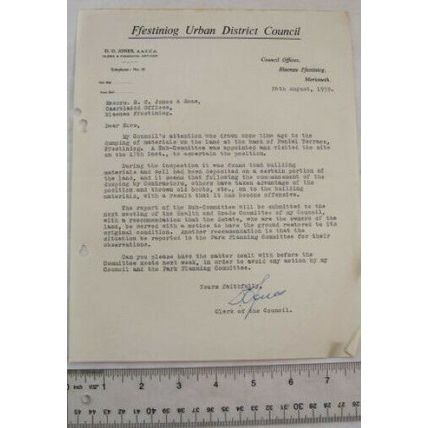 1959 letter Ffestiniog Urban District Council dumping building materials & boots