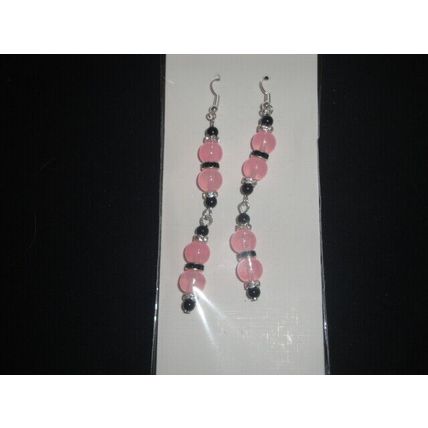 Exquisite clear pink with black glass & clear cryst long drop earrings