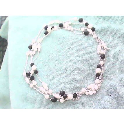 Long Silver Tone 2 Strand Necklace with Stationed Black White Beads