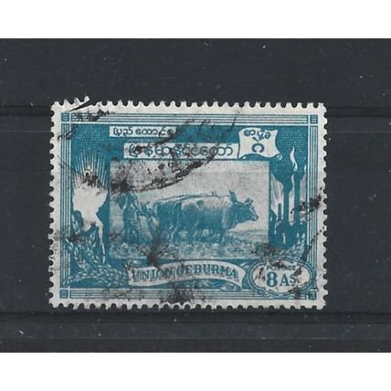 Burma.SG129 8a Ploughing paddy field with oxen (Blue).Fine Used.Jul25n