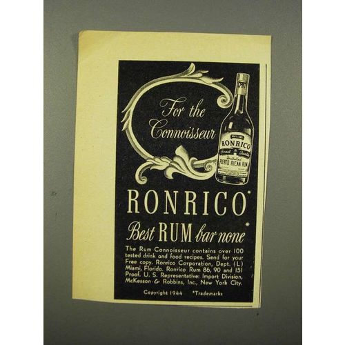 1944 Ronrico Rum Ad - For the Connoisseur