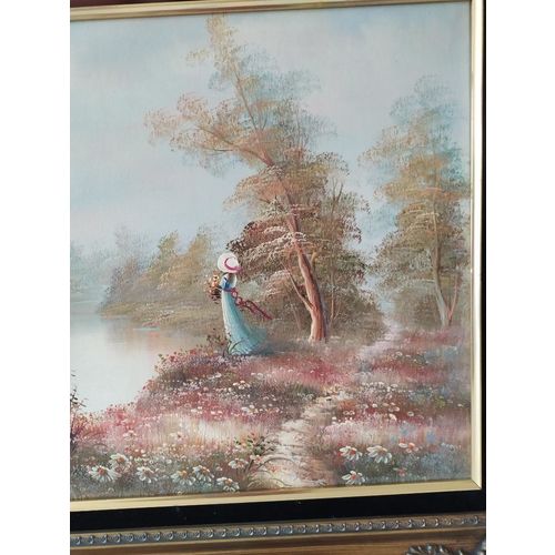 Oil Painting Lady in Long Blue Dress Standing By Lake Framed Oil on Canvas 03