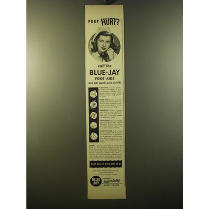 1950 Blue-Jay Foot Aids Ad - Feet Hurt?