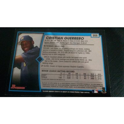 2001 Bowman Card # 305 Cristian Guerrero Auto 202010130505 Milwaukee Brewers