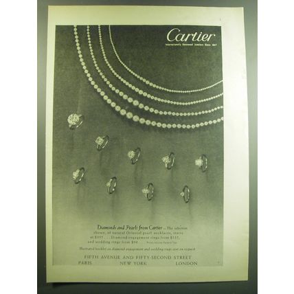 1949 Cartier Pearl Necklaces and Diamond Rings Advertisement