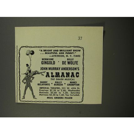 1953 Almanac Musical Ad - A bright and brilliant show ..beautiful and funny