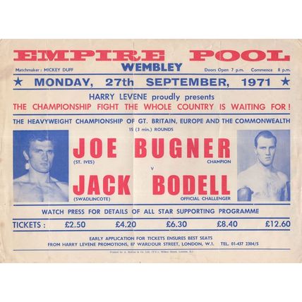 Joe Bugner vs Jack Bodell 1971 London Old Handbill Boxing Poster