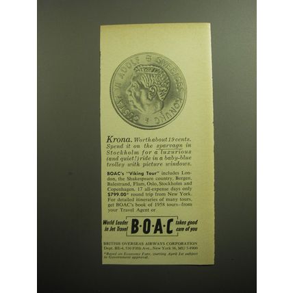1958 BOAC Airways Ad - Krona. Worth about 19 cents.