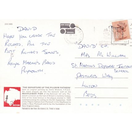 Denis Wreford Departure of the Pilgrim Fathers Postcard posted 1988 creased