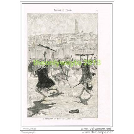 FANTASIA ON FOOT BY ARABS IN ALGERIA, Book Illustration c1895