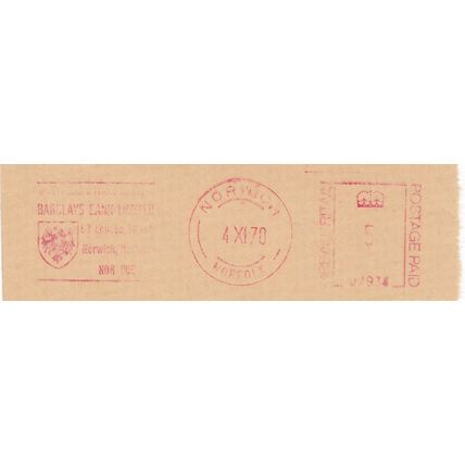 GB 1970 Barclays Bank Slogan Norwich cancel 5d Metered post