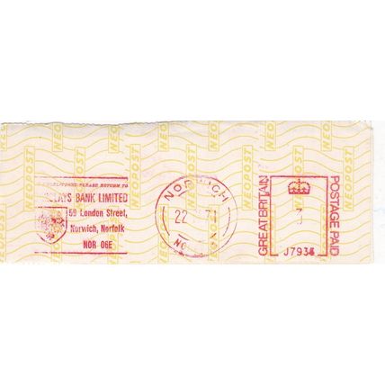 GB 1971 Barclays Bank Slogan Norwich cancel 3d Metered post