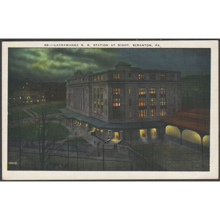 Lackawanna Rail Road Station at Night, Scranton PA, c.1930 - Scranton News Co PC