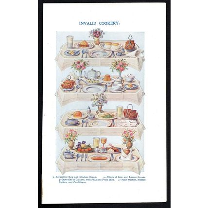 INVALID COOKERY - Quenelles of Chicken - MRS BEETON 1907 CHROMOLITHOGRAPH