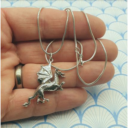 Vintage 925 Sterling Silver Large Dragon Charm Pendant Necklace