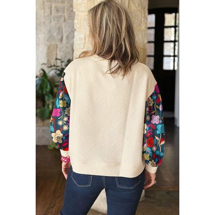 White Floral Patchwork Sleeve Textured Plus Size Pullover Top