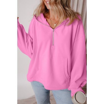 Bonbon Fleece Lined Half Zipper Kangaroo Pockets Loose Hoodie