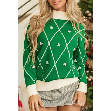 Dark Green Diamond Pattern Pom Accents Contrast Trim High Neck Sweater