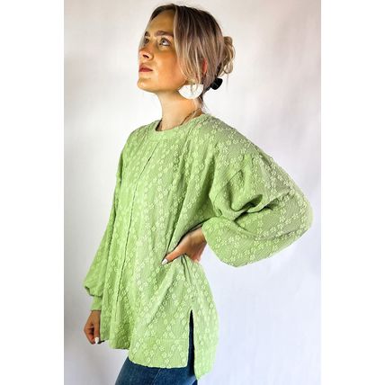 Light Green Solid Color Textured Side Split Crew Neck Blouse