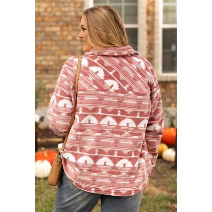 Pink Plus Size Aztec Print Chest Pocket Shacket