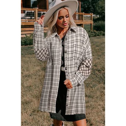 White Stripe Plus Size Plaid Buttoned Raw Hem Tunic Shirt Dress