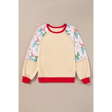 Beige Bowknot Printed Patchwork Raglan Sleeve Colorblock Edge Top