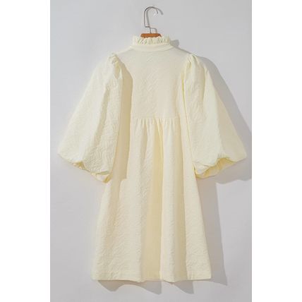 White Floral Textured Bubble Sleeve Frilled Notched Neck Dress