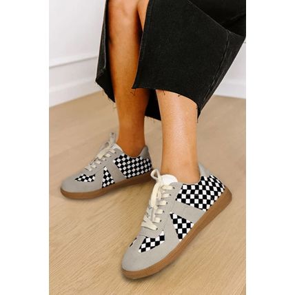 Black Checkerboard Patchwork Lace-up Flat Leatherette Shoes