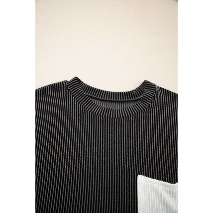 Carbon Grey Corded Knit Color Block Pocketed Crew Neck T Shirt