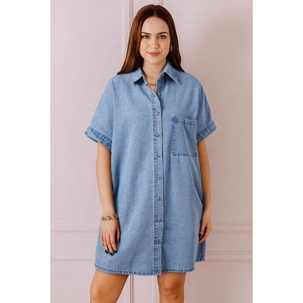 Dusk Blue Short Sleeve Pocketed Button up Denim Tunic Dress