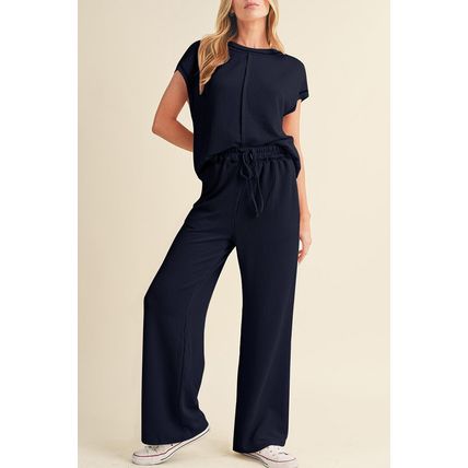 Navy Blue Solid Color Corded Short Sleeve Top and Casual Pants Set