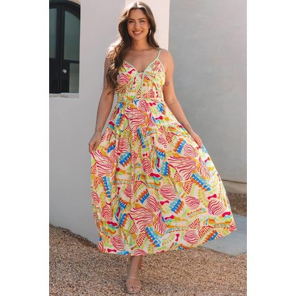 Orange Abstract Print Spaghetti Strap Piping Detail Maxi Dres