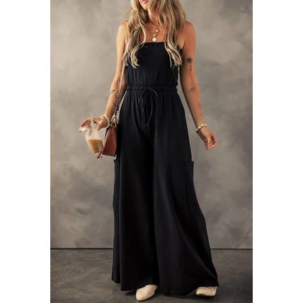 Black Drawstring Wide Leg Cargo Pockets Sleeveless Jumpsuit