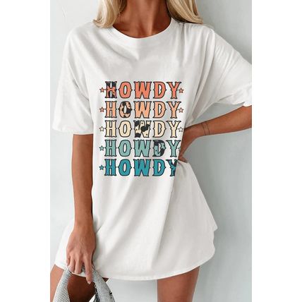 White HOWDY Stars Print Crew Neck Loose Fit T Shirt