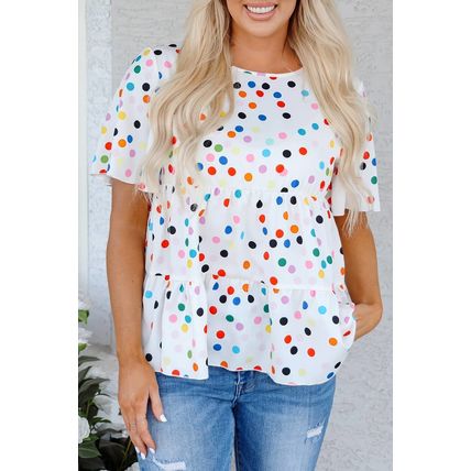 White Colorful Polka Dot Short Sleeve Tiered Ruffled Babydoll Blouse