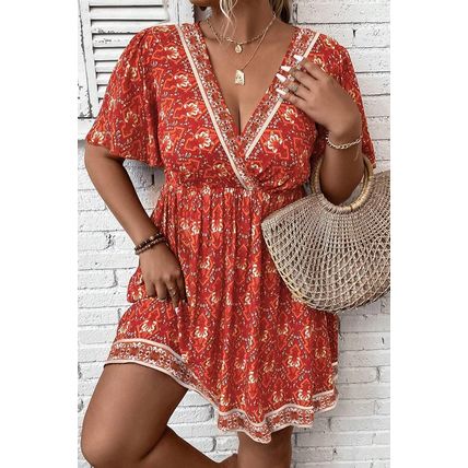 Orange Plus Size Printed Surplice Neck Empire Waist Flowy Mini Dress