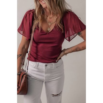 Red Dahlia Mesh Ruffled Sleeve Slim Fit V Neck Top