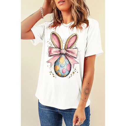 White Easter Egg Bow Bunny Ear Printed T Shirt