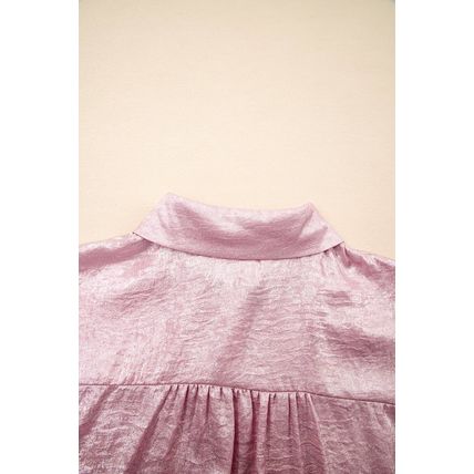 Pink Metallic Sheen Short Sleeve Buttoned Front Casual Shirt