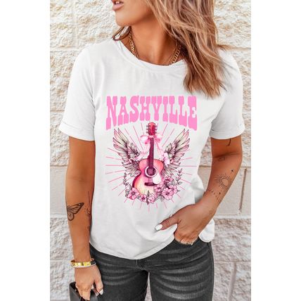 White NASHVILLE Guitar Graphic Music Festival T Shirt
